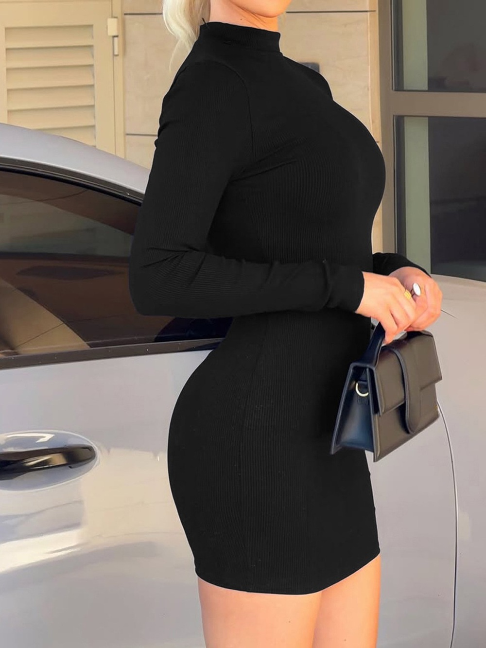 Mock Neck Ribbed Bodycon Knit Dress - Picture 2 of 6